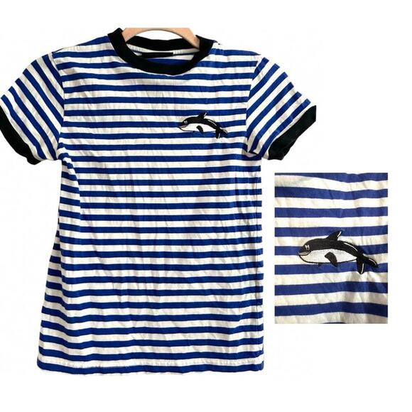 LAZY OAF Blue White Striped Embroidered Whale Nautical Tee T-Shirt - Women’s XS - Picture 1 of 6